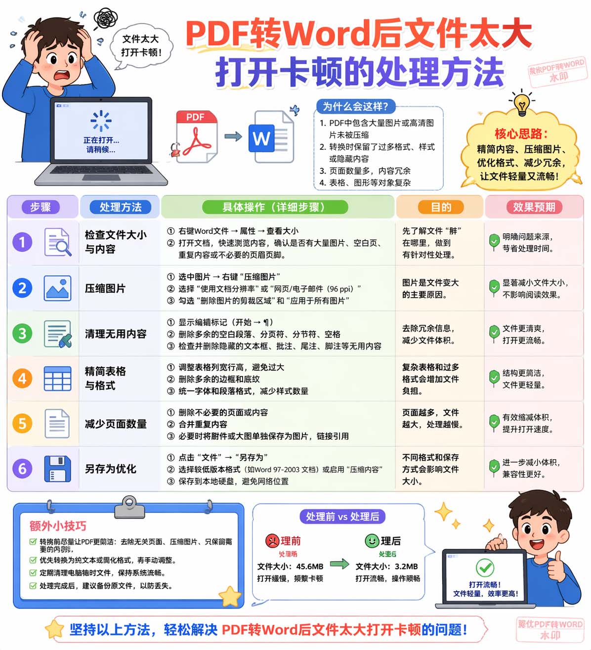 PDF转Word后文件太大打开卡顿的处理方法